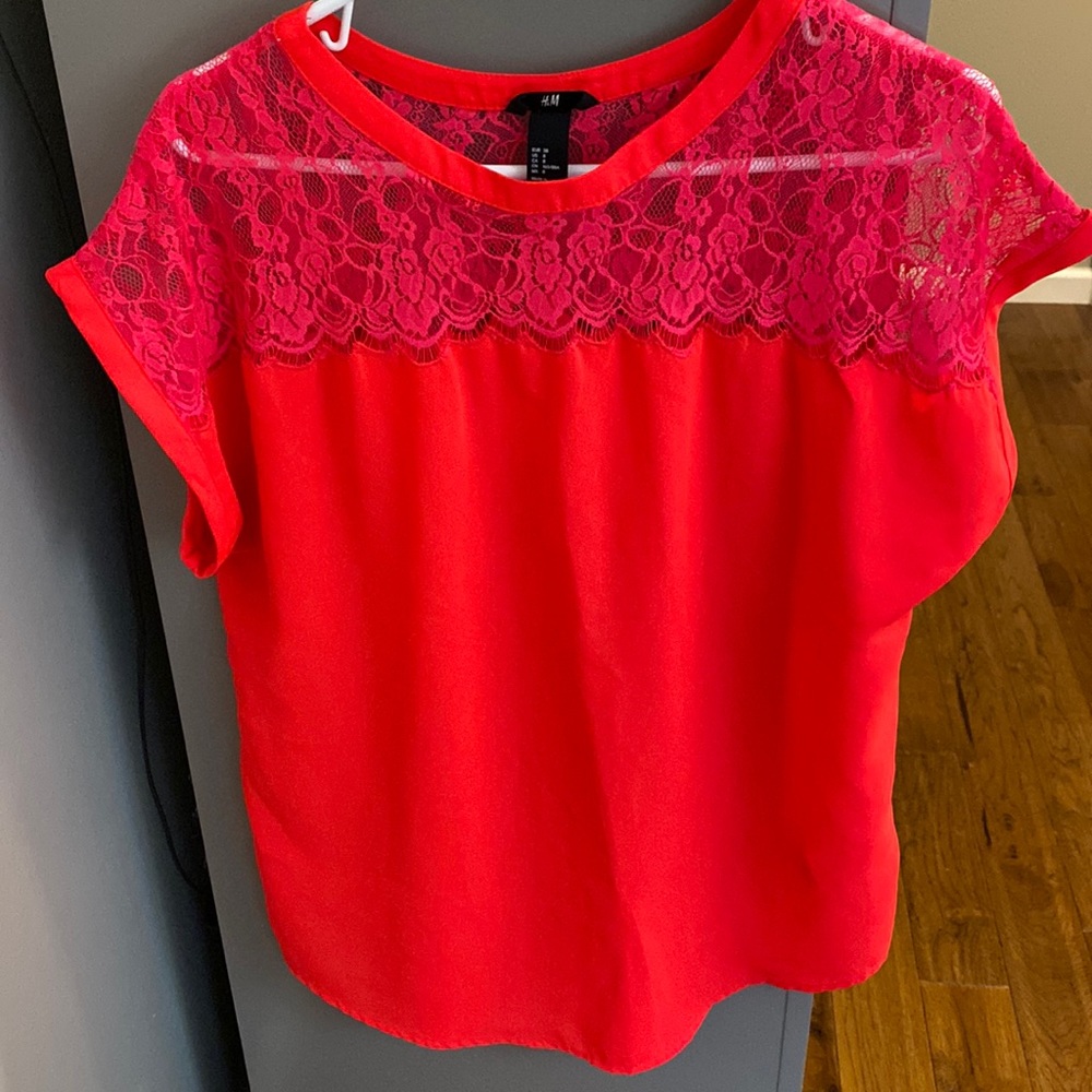 H&M Bright Pink Sleeveless Blouse with Lace Detail, Size 8